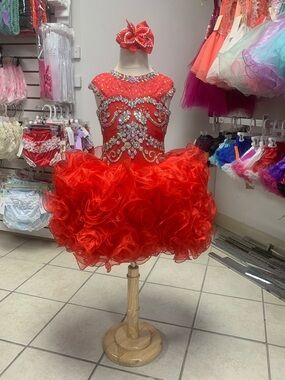 Childs Size 6 Red Heavy Beaded Open Back Pageant Dress with Matching Bow NWT
